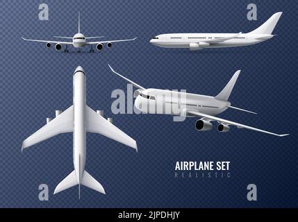 Passenger airplane realistic set on transparent background with airliners in different point of view isolated vector illustration Stock Photo