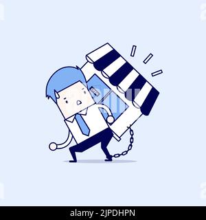 Businessman carry his shop debt with chained on ankle. Cartoon character thin line style vector. Stock Vector