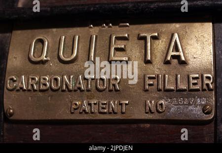 Manufacturers plate, Quieta patent bottle carbonator, Filler machine for cider, cider maker, Hereford, England, UK Stock Photo