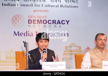 New Delhi, India, August 17th, 2022, Delegate from Thailand Phurichaya Detanan from 4th batch of 'Gen-Next Democracy Network Programme' addresses media during a media interaction at ICCR in New Delhi, India on August 17th, 2022. As a part of Azadi Ka Amrit Mahotsav commemorating 75 years of India's independence and her glorious history, culture, and achievement, ICCR hosted 4th batch of 'Gen-Next Democracy Network Programme' with young leaders from 5 countries namely Paraguay, Uganda, Thailand, Mauritius and Czech Republic. Photo by Akash Anshuman/ABACAPRESS.COM Stock Photo