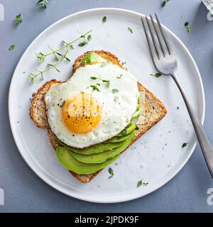 Avocado toast on a toasted multigrain bread with a fried egg Stock Photo