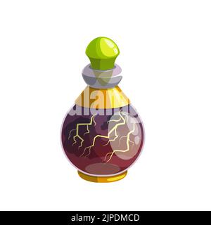 Potion bottle vector icon, magic elixir in glass flask with brown liquid and lightning strikes. Cartoon design element for magic game. Witch weather poison, alchemy object isolated on white background Stock Vector