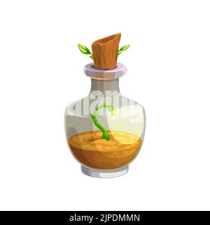Potion bottle vector icon, magic elixir in glass flask with growing sprout inside and wooden bung with leaves. Cartoon witch poison, alchemy object, design element isolated on white background Stock Vector