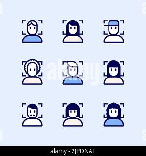 Face recognition system id icons set. Simple set of face recognition system id vector icons for web design. Stock Vector