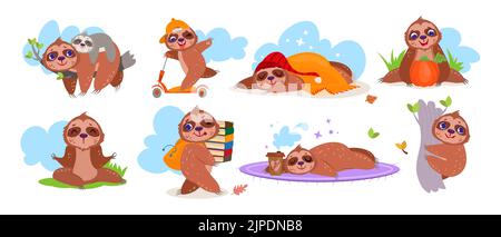 Flat cute sloth sleeping, riding a scooter, doing yoga, climbing and hanging tree. Cartoon funny animal charasters with coffee mug, pumpkin, books and backpack. Baby sleep on branch with lazy mother. Stock Vector