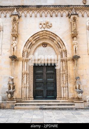 The northern portal of the St. James cathedral in Sibenik city. The St. James cathedral is one of main sights of Shibenik. The portal is called the Li Stock Photo