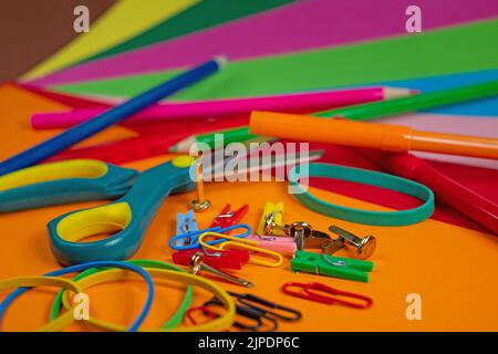 Various craft materials and colored paper Stock Photo