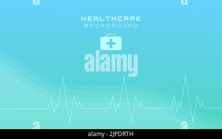 inscription Healthcare background and first aid kit on a gradient background with waves and cardiogram elements Stock Vector