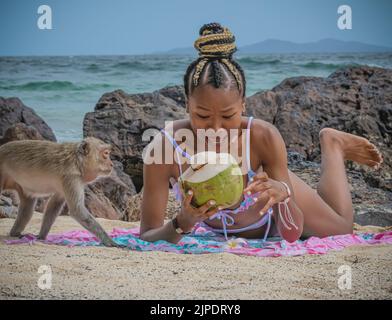 Photoshoot with Alissa and a Genommen monkey on Koh Larn Island Region of Thailand in the eastern part of the Central Region Stock Photo