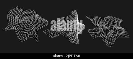 Set of cyber distorted grids, retro punk design elements. Wireframe wave geometry mesh on black background. Vector illustration. Stock Vector