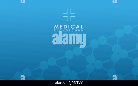 the inscription medical background and a medical cross on a gradient blue background and elements of the connection of molecules Stock Vector