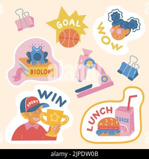 school themed sticker set biology lunch win Stock Vector
