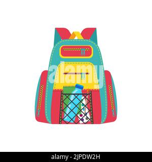 Rucksack, school bag or backpack with notebook, paints and brush isolated. Vector rucksack education equipment and supplies. Student knapsack schoolbag with shoulder strap and zipper pocket Stock Vector