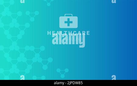 inscription Healthcare background and first aid kit on an abstract background with elements resembling molecules Stock Vector
