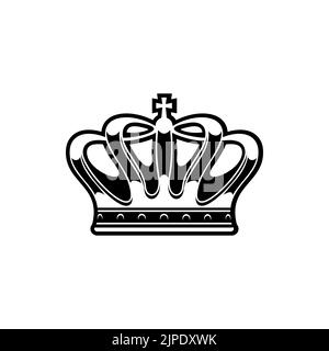Monarch crown with crest on top isolated monochrome icon. Vector emperor tiara, wedding crown or casino award symbol. Royalty heraldry, corona of king or queen decorated by precious diamonds Stock Vector