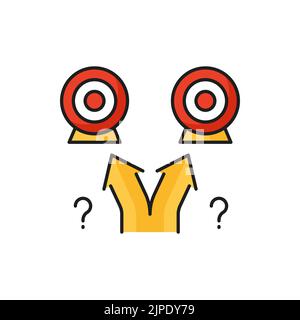 Choosing business goals color outline icon with two arrows pointing on targets. Business direction decision, strategy planning and opportunity thin line vector pictogram or linear icon Stock Vector