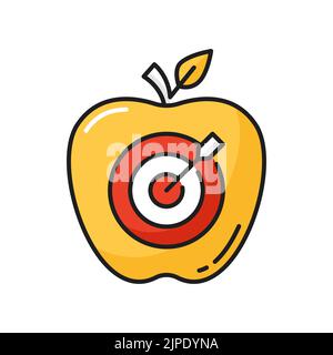 Achieving business goals color outline icon with arrow in apple. Focusing on target and winning competition thin line vector symbol. Hitting target outline pictogram with bow or dart arrow in bullseye Stock Vector