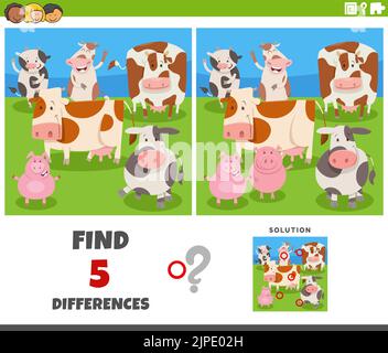 Cartoon illustration of finding the differences between pictures educational game with cows and pigs farm animals Stock Vector