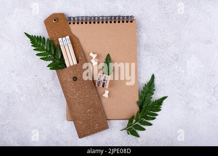 Eco wooden craft stationery. Sustainable life concept Stock Photo