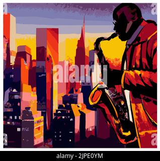 Jazz saxophonist in New York - vector illustration (Ideal for printing on fabric or paper, poster or wallpaper, house decoration) Stock Vector