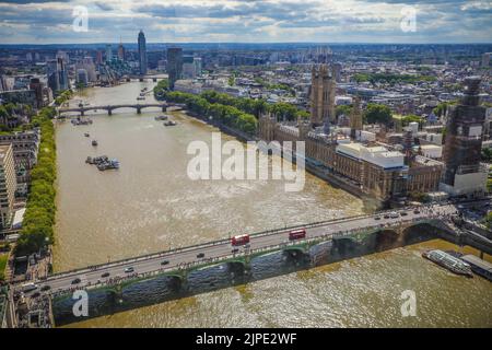 The view of the River Thames and the Houses of Parliament as seen from the top of the London Eye. Stock Photo