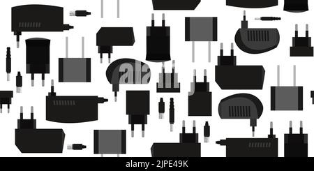 Charger. Power supply for electrical appliances. Electrical plug with rectifier. Isolated on white background. Seamless pattern. Vector. Stock Vector