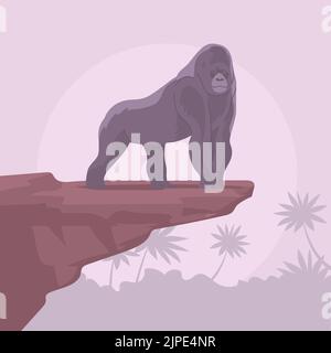 Big gorilla monkey. Standing on a rock. Tropical jungle. Anthropoid primate. Great ape. Wild african animal. Fauna and zoology. Flat vector illustrati Stock Vector