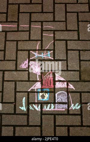 house, child's drawing, chalk drawing, houses Stock Photo