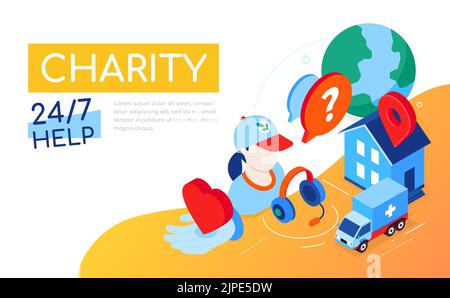 Round the clock charity help - modern colorful isometric web banner Stock Vector