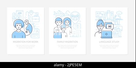 Migration and language study - line design style banners set Stock Vector