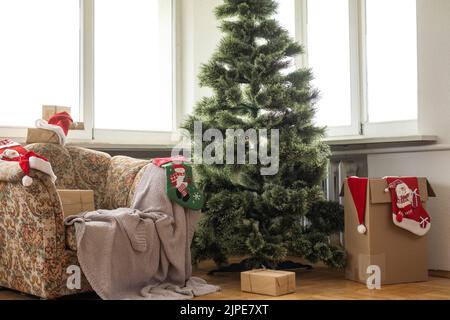 socks and christmas tree preparing for christmas Stock Photo