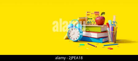 Back to school concept on yellow background. Books and colorful pencils with abacus 3D Render 3D Illustration Stock Photo