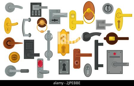 Door handle and doorknob latch with window. Brass round knob and room lock isolated office icon vector illustration. Vintage gold house security furni Stock Vector