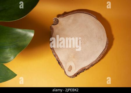 In the foreground is a green leaf that gives shade. Wooden cross-section as a showcase for cosmetics.Top view, layout. The concept of a natural organic eco-friendly cosmetic product.High quality photo Stock Photo