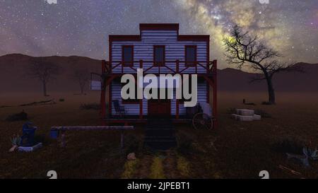 Old vintage western saloon isolated on the field in Wild West with night sky, 3d rendering Stock Photo