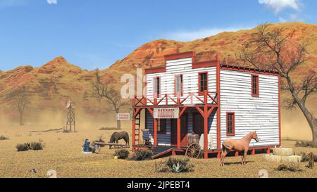 Old vintage western saloon isolated on the field in Wild West, 3d rendering Stock Photo