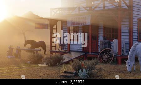 Old vintage western saloon isolated on the field in Wild West in the dusk, 3d rendering Stock Photo