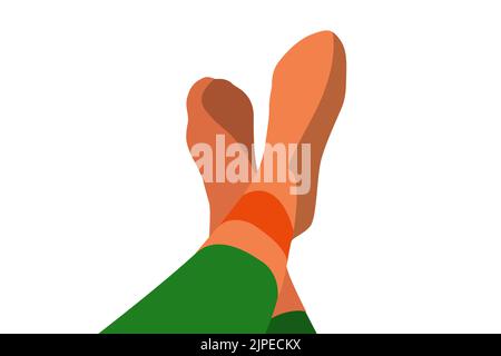 Top view on own feet in woolen winter orange bright socks. Resting pose of human sitting on the sofa Stock Vector