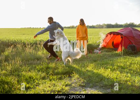 Young couple play with their dog at campsite Stock Photo