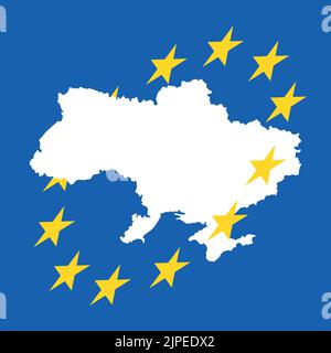 Map of Ukraine and stars forming circle around it in ukrainian flag colors. Uniting with European Union. European support during 2022 Russian invasion Stock Vector