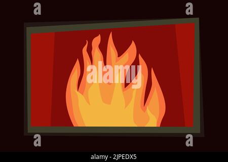 Flat simple illustration of fireplace in cottage. Burning wood in winter time at cozy place. Stock Vector