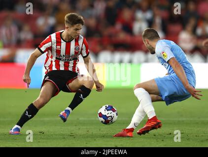 Sheffield, England, 17th August 2022. James McAtee of Sheffield Utd (L) during the Sky Bet Championship match at Bramall Lane, Sheffield. Picture credit should read: Darren Staples / Sportimage Credit: Sportimage/Alamy Live News Stock Photo