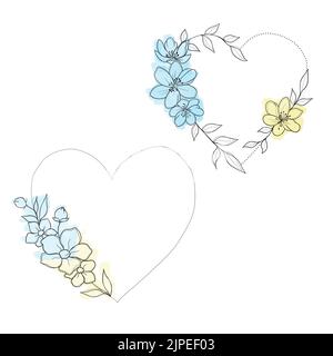 a set of sketches for a patriotic tattoo: flowers and hearts from the colors of the flag of ukraine . Flowers Periwinkle. Hand drawing. botany design Stock Photo