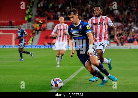 Stoke On Trent, UK. 17th Aug, 2022. Ryan Giles #3 of Middlesbrough looks to cross the ball in Stoke-on-Trent, United Kingdom on 8/17/2022. (Photo by Conor Molloy/News Images/Sipa USA) Credit: Sipa USA/Alamy Live News Stock Photo