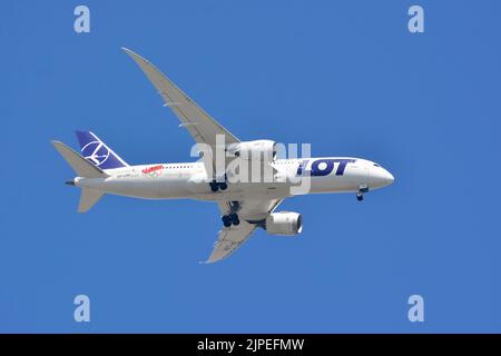 LOT (is the flag carrier of Poland), Boeing 787-800 Dreamliner airplane, Budapest, Hungary, Magyarország, Europe Stock Photo