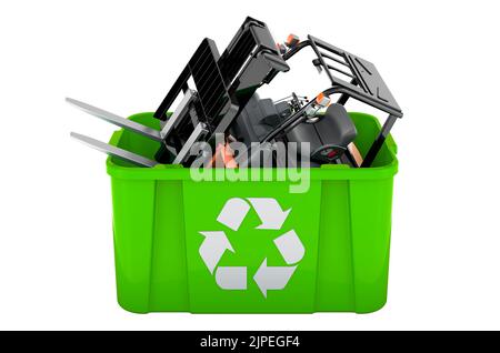 Recycling trashcan with forklift truck, 3D rendering isolated on white background Stock Photo