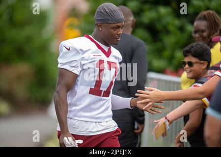 July 27th 2022: Washington Commanders wide receiver Jahan Dotson (1) runs a  drill during the Washington Commanders training camp practice at the INOVA  Sports Performance Center in Ashburn, Va. Reggie Hildred/CSM/Sipa USA(Credit