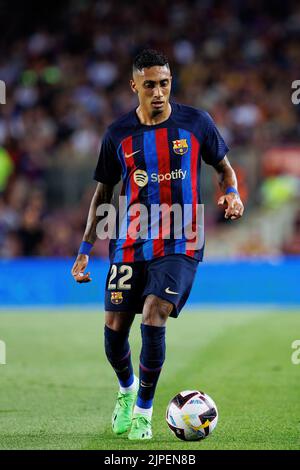 BARCELONA - AUG 13: Raphinha in action during the LaLiga match between FC Barcelona and Rayo Vallecano at the Spotify Camp Nou Stadium on August 13, 2 Stock Photo