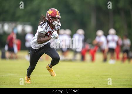 July 27th 2022: Washington Commanders wide receiver Jahan Dotson (1) runs a  drill during the Washington Commanders training camp practice at the INOVA  Sports Performance Center in Ashburn, Va. Reggie Hildred/CSM/Sipa USA(Credit