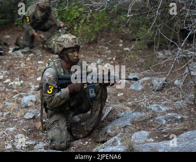 Aug 16, 2022 - Fort Hood, Texas, USA - Corporal Jared Kiner from 2nd Brigade Combat Team Strike101st Airborne Division (Air Assault), 18th Airborne Corps, pulls security during a long halt heading to an ambush point during the FORSCOM Best Squad Competition on Fort Hood, Texas, August 16, 2022. Each of these events are designed to test the physical and mental toughness along with the lethality of each squad to see which squad will represent FORSCOM at the Best Squad of the Army competition that will take place at Ft. Bragg. (Credit Image: © U.S. Army/ZUMA Press Wire Service/ZUMAPRESS.com) Stock Photo